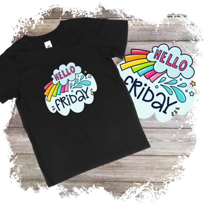 Tricou negru cu design Hello Friday colorat.