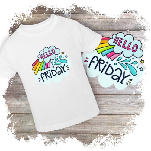 Tricou alb cu mesaj colorat Hello Friday.