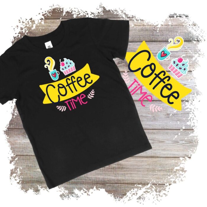 Tricou negru cu design Coffee Time colorat