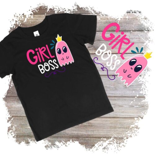 Tricou negru cu design Girly Boss roz